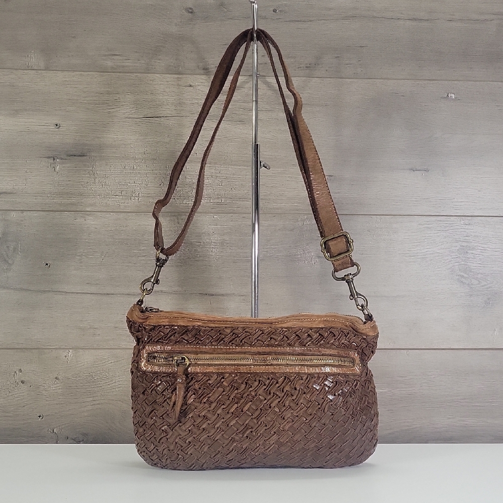 Langellotti Brown Woven Italian Leather Crossbody Bag